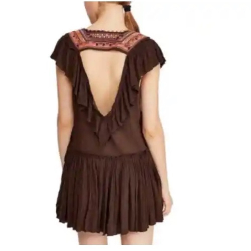 Free People Brown Mini Dress with Coral Embroidered Yoke - Picture 4 of 11